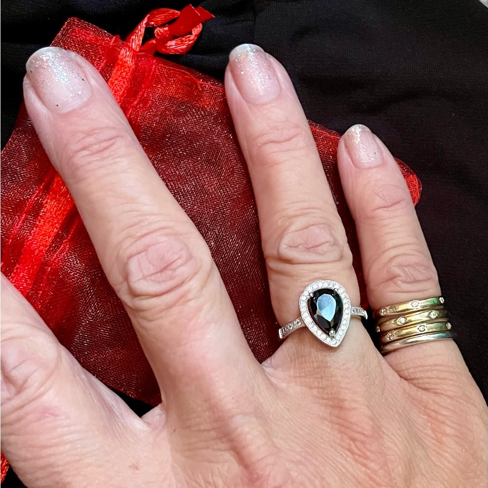 Pear Cut Black Diamond CZ Halo Sterling Silver Ring 🖤